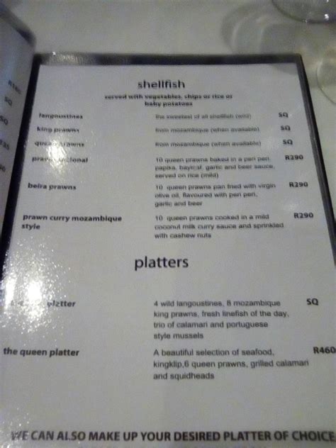 Menu at Fishmonger Illovo restaurant, Johannesburg, Thrupps Centre