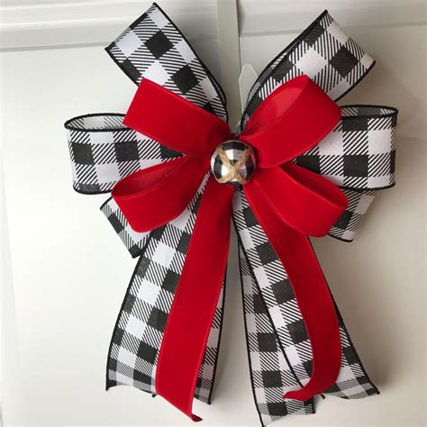 Black And White Buffalo Plaid Farmhouse Christmas Bow For Etsy