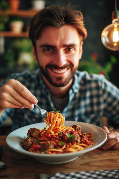 Se Representa A Un Hombre Sentado En Una Mesa Con Un Plato De Espagueti