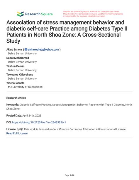 Pdf Association Of Stress Management Behavior And Diabetic Self Care Practice Among Diabetes