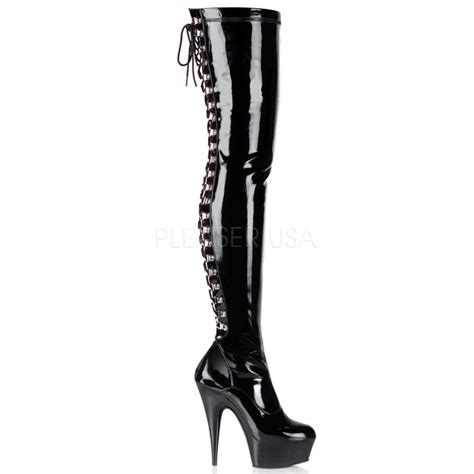 Pleaser 6 Delight 3063 Thigh High Boot Patent Black Siren Doll