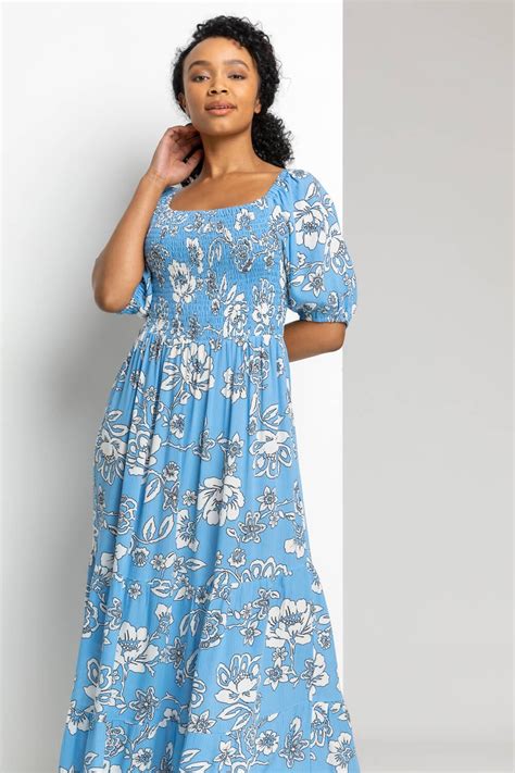 Petite Floral Print Shirred Bodice Maxi Dress In Blue Petite UK