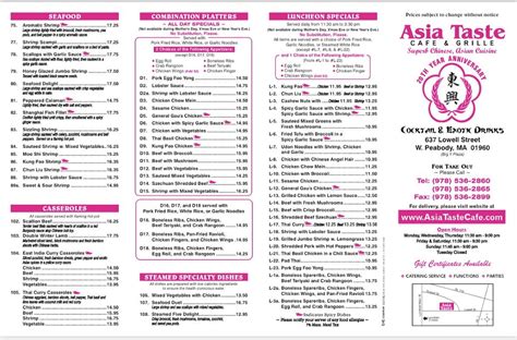 Carta De Asia Taste Cafe And Grille Peabody