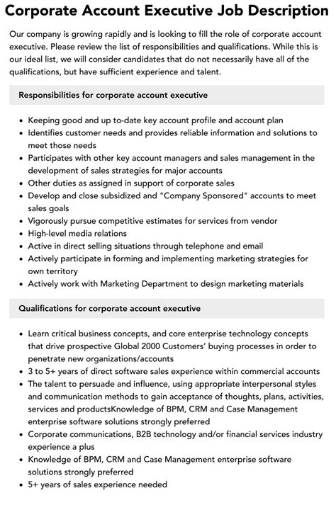 Corporate Account Executive Job Description Velvet Jobs