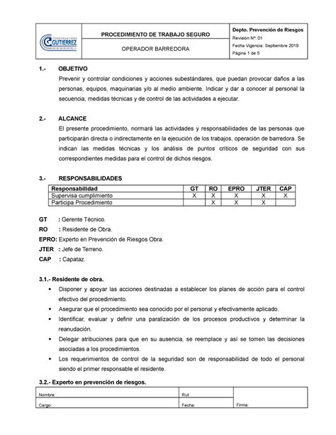 PTS Operador Barredora PROCEDIMIENTO DE TRABAJO SEGURO Revisión Nº