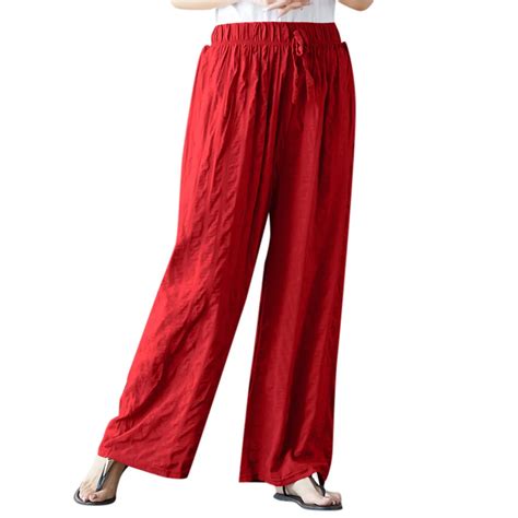 Women Plus Size Elastic Waist Solid Red Color Casual Loose Cotton Linen