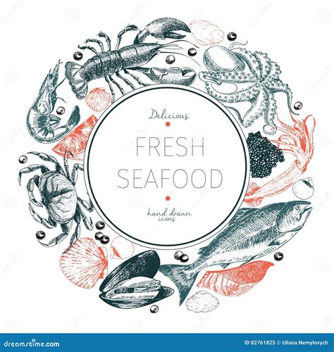 Vector Hand Drawn Seafood Logo Lobster Salmon Crab Shrimp Ocotpus