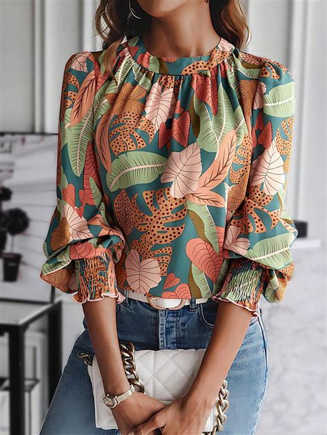 Shein Lune Tropical Print Mock Neck Lantern Sleeve Blouse For Sale