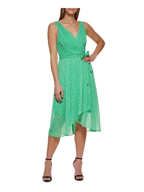 Dkny Womens Green Zippered Sheer V Back Tie Belt Lined Polka Dot Sleeveless Surplice Neckline