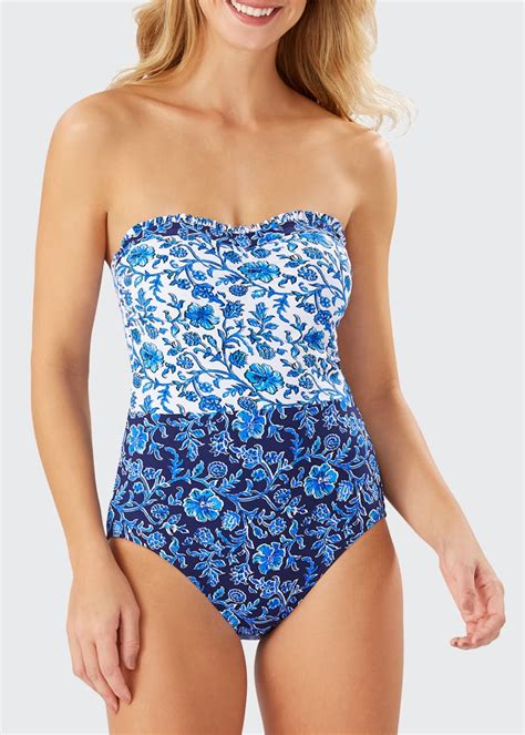 Tommy Bahama Woodblock Ruffled Bandeau One Piece Swimsuit Bergdorf