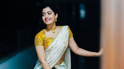 Beautiful Rashmika Mandanna Is Wearing Yellow White Half Saree And