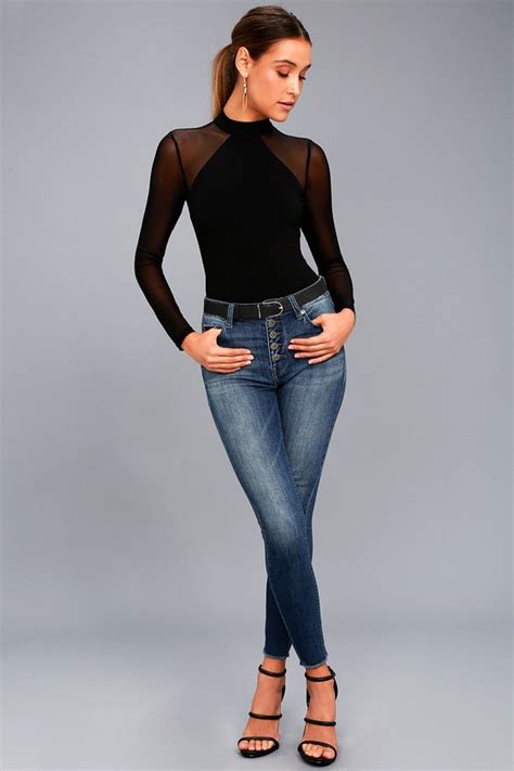 Sexy Black Mock Neck Bodysuit Mesh Long Sleeve Bodysuit Lulus