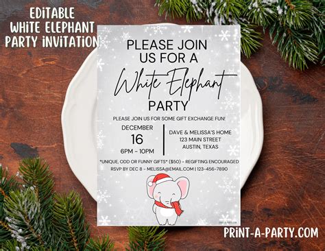 Editable Christmas Party Invitation White Elephant Party Invitation Edit Print White Elephant