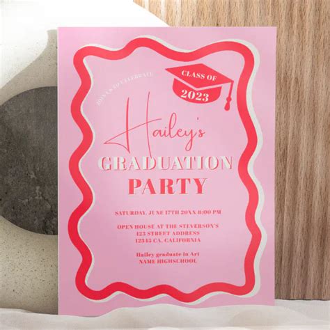 Retro Pink Red Curve Squiggle Wavy Graduation Invitation Zazzle