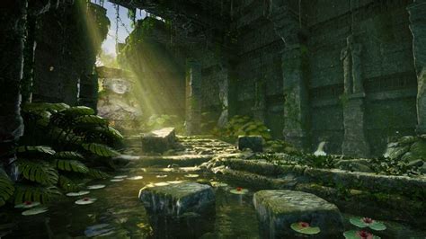 An Artist S Rendering Of A Jungle Setting With Water Lillies And Rocks