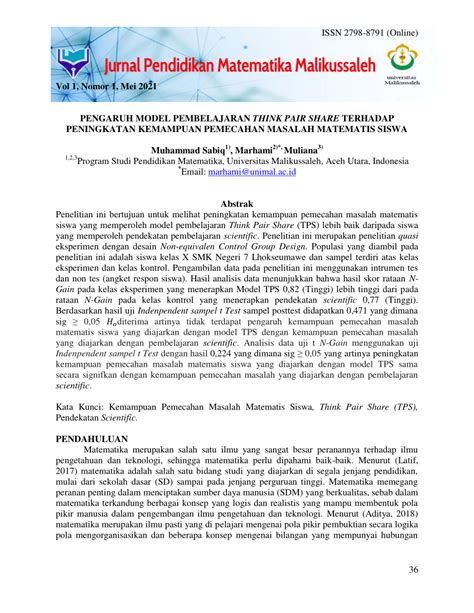 Pdf Pengaruh Model Pembelajaran Think Pair Share Terhadap Peningkatan Kemampuan Pemecahan