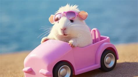 A Cute White Hamster Wearing Pink Sunglasses Driving A Pink Toy Car