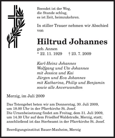 Traueranzeigen Von Hiltrud Johannes Saarbruecker Zeitung Trauer De