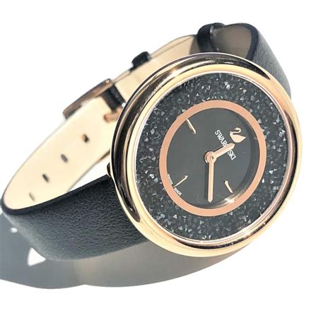 Swarovski Crystalline Pure Black Dial Black Leather Strap Watch For Women