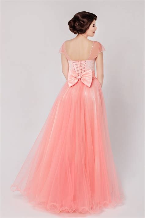 Abito Da Cerimonia Colore Salmone Stile A Line Realizzato In Tulle