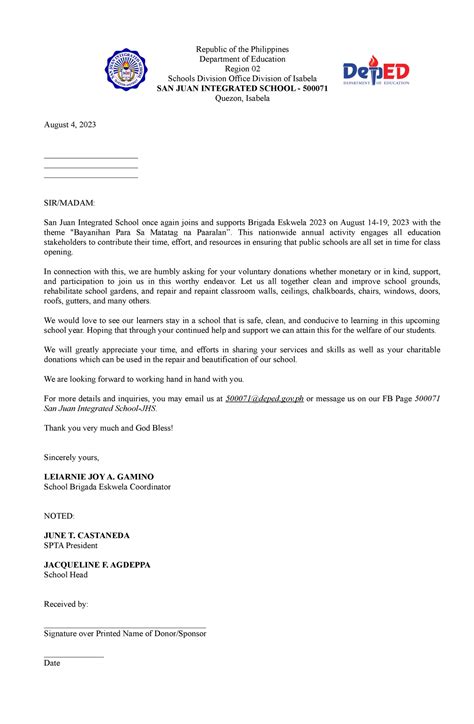 Brigada Eskwela Solicitation Letter Republic Of The Philippines