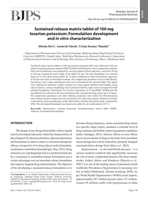 PDF Sustained Release Matrix Tablet Of 100 Mg Losartan Potassium