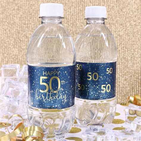 50th Birthday Party Favor Stickers Navy Blue And Gold Foil Water Bottle Labels 24ct Waterproof