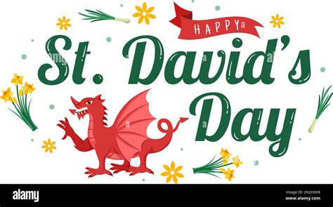 Happy St David S Day On March Illustration With Welsh Dragons And