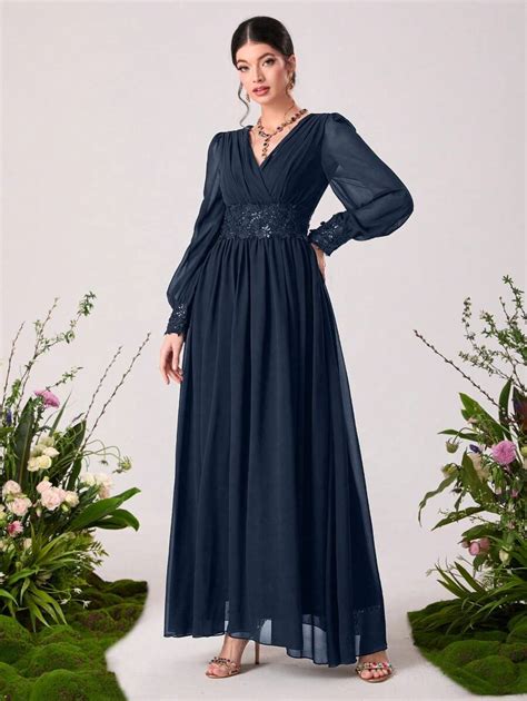 Shein Modely Surplice Neck Lantern Sleeve Appliques Detail Chiffon