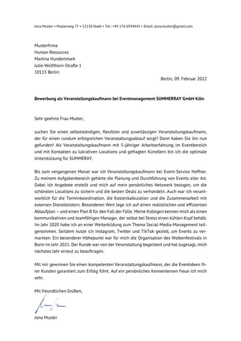 Bewerbungsschreiben Veranstaltungskaufmann Muster