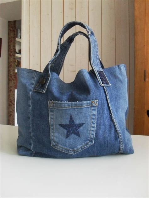 Sac Cabas En Jean Recycl Poche Etoile Star Bleu Navy Sacs Main Par