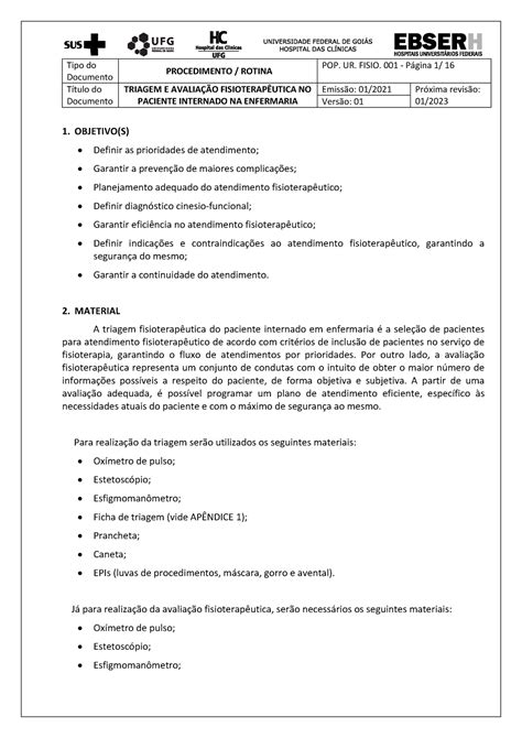 POP UR Fisio 001 Triagem e Avaliação Fisioterapêutica no paciente