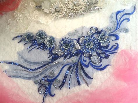 Embroidered 3d Applique Blue Silver Floral Sequin Patch Rhinestone Accented