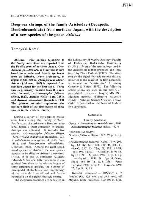 (PDF) Deep-sea shrimps of the family Aristeidae (Decapoda: Dendrobranchiata) from northern Japan ...