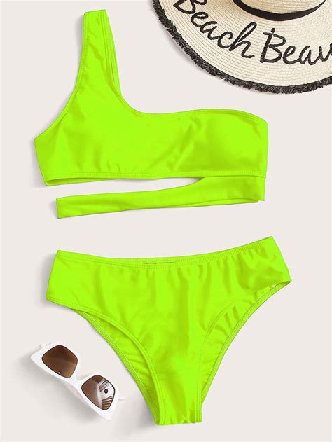 Bañador bikini con un hombro con abertura neón Moda de Mujer SHEIN