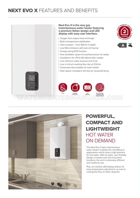 Ariston Next Evo X 16 SFT Water Heater Specifications Sheet Water