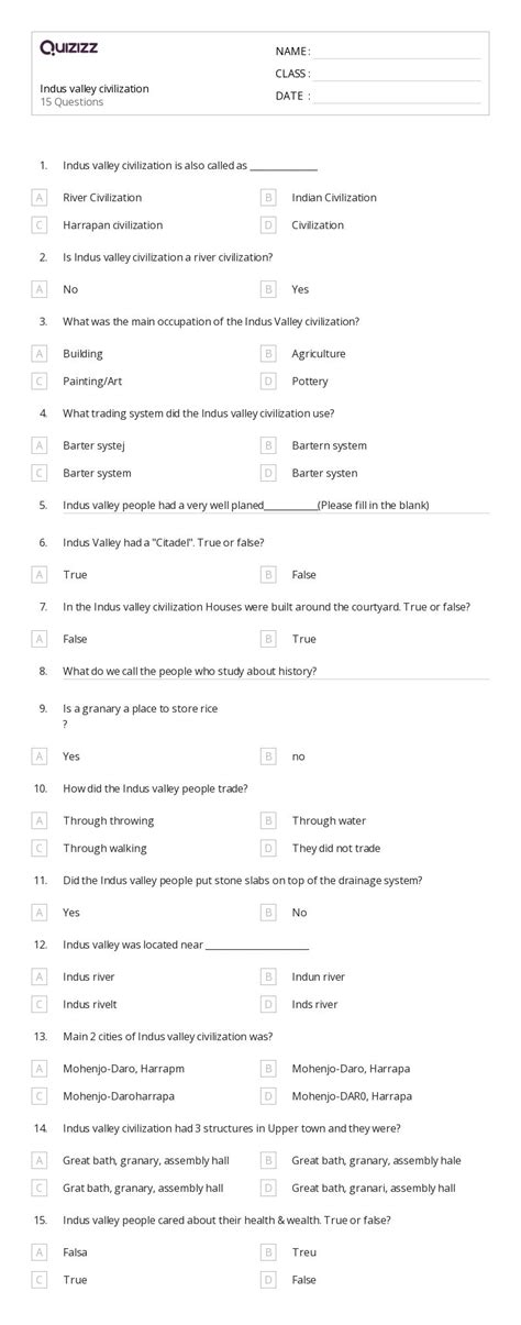 The Indus Civilization Worksheets For Th Year On Quizizz Free