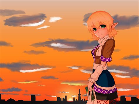 Safebooru 1girl Arm Warmers Bag Blonde Hair Cityscape Clouds Daikon Glint Green Eyes Grocery