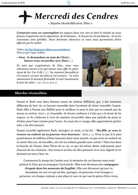 Mercredi des Cendres Guide de prière 2023 JPIC Learning Hub