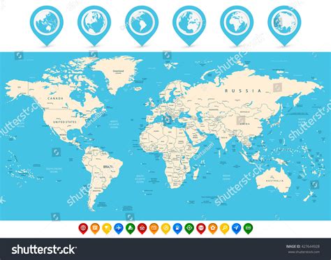 World Map Colored Map Pointers Vector Stock Vector Royalty Free 427644928