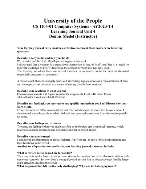 CS 1104 01 Computer Systems Learning Journal Unit 4 University Of