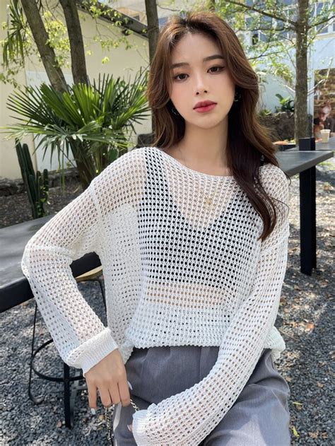 DAZY Openwork Drop Shoulder Sweater Without Bra SHEIN IN