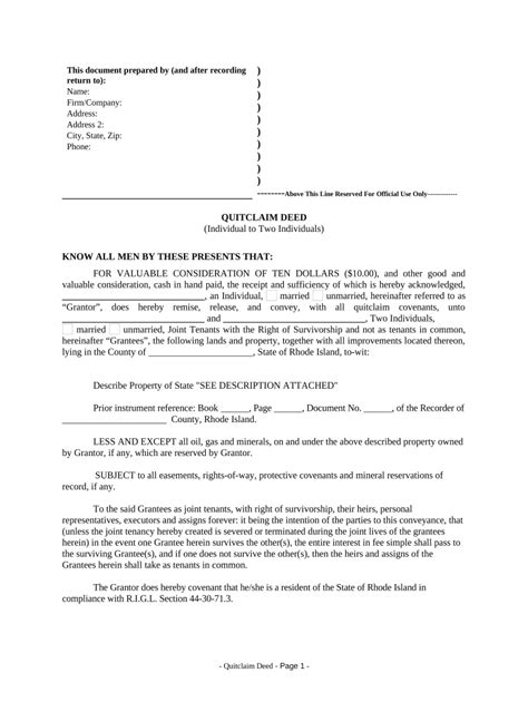 Quitclaim Deed From Individual To Two Individuals In Joint Tenancy Rhode Island Form Fill Out