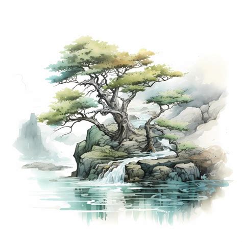 Premium Photo | A watercolor painting of a tree and a waterfall.