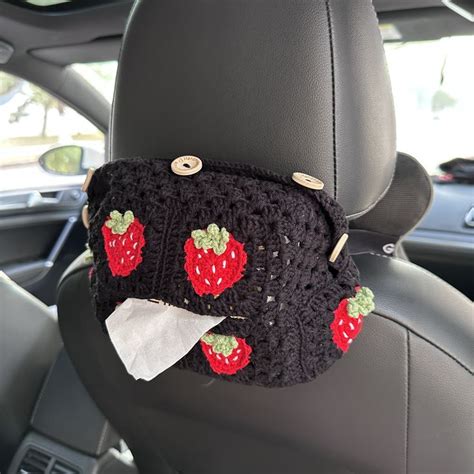 Strawberry Crochet Tissue Box Car Paper Box Hanging Seat Armrest Box