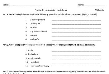 2 Different Editable Autentico Realidades 2 Chapter 4A Vocabulary Quizzes