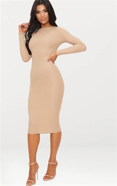 Basic Stone Ribbed Long Sleeve Midi Dress Prettylittlething Ca