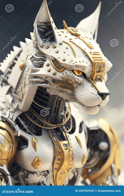 Closeup Of A High Tech Wolf Robot In White And Gold Stock Illustration