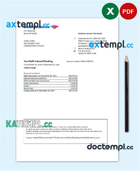 Sample Usa Bank Of America Bank Statement Easy To Fill Template In Xls