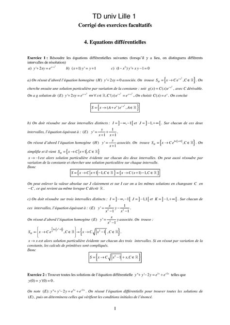 4 cor Equa Diff TD corrigé UNIV LILLE 1 Corrigé des exercices